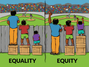 Autism ABA Therapy Lindsey Malc Side by Side Therapy Equality vs Equity Cartoon of boys trying to see over a fence. 
